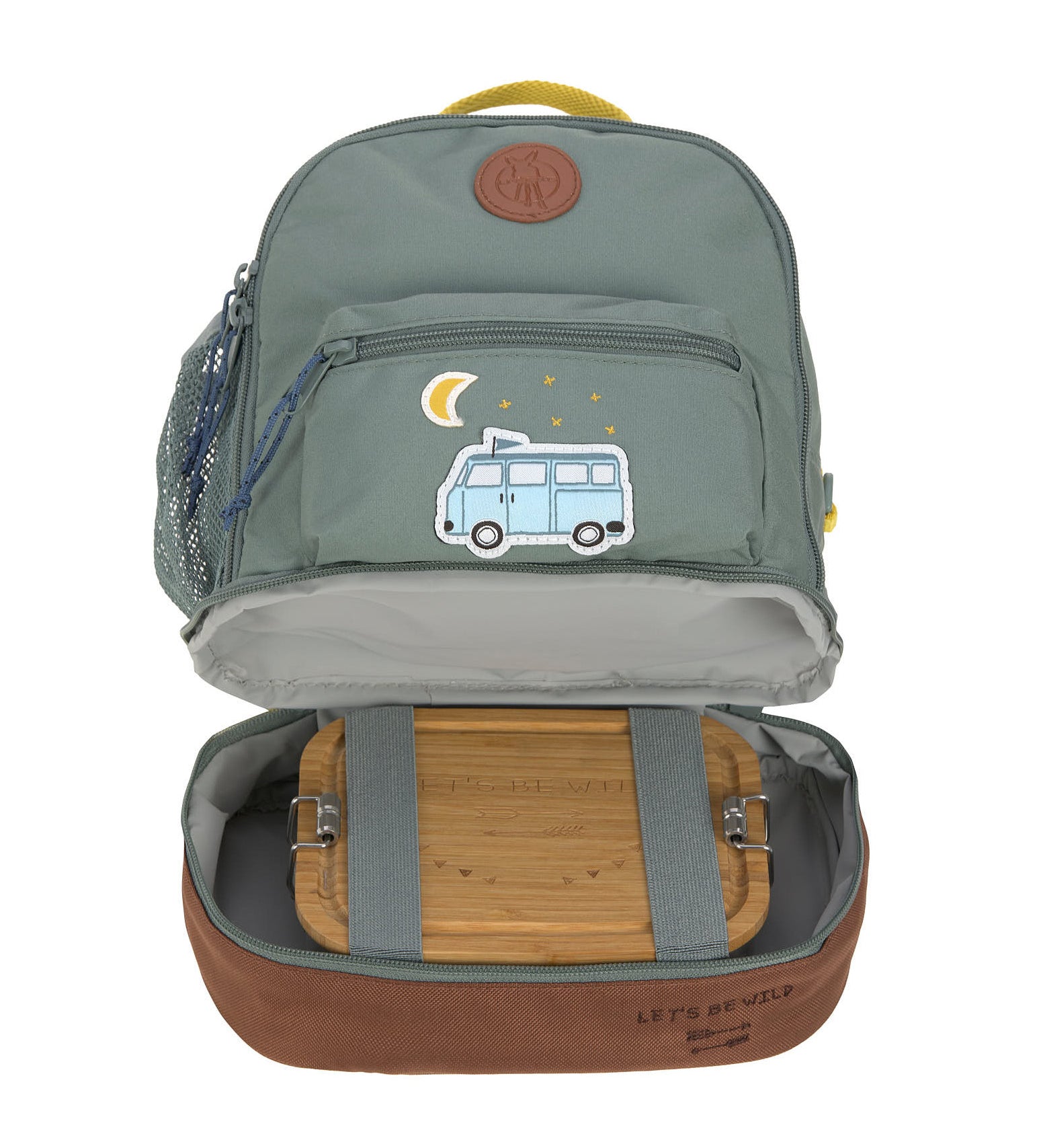 The Lassig kids mini adventure backpack in green, with the bottom compartment open revealing lunchbox storage space.