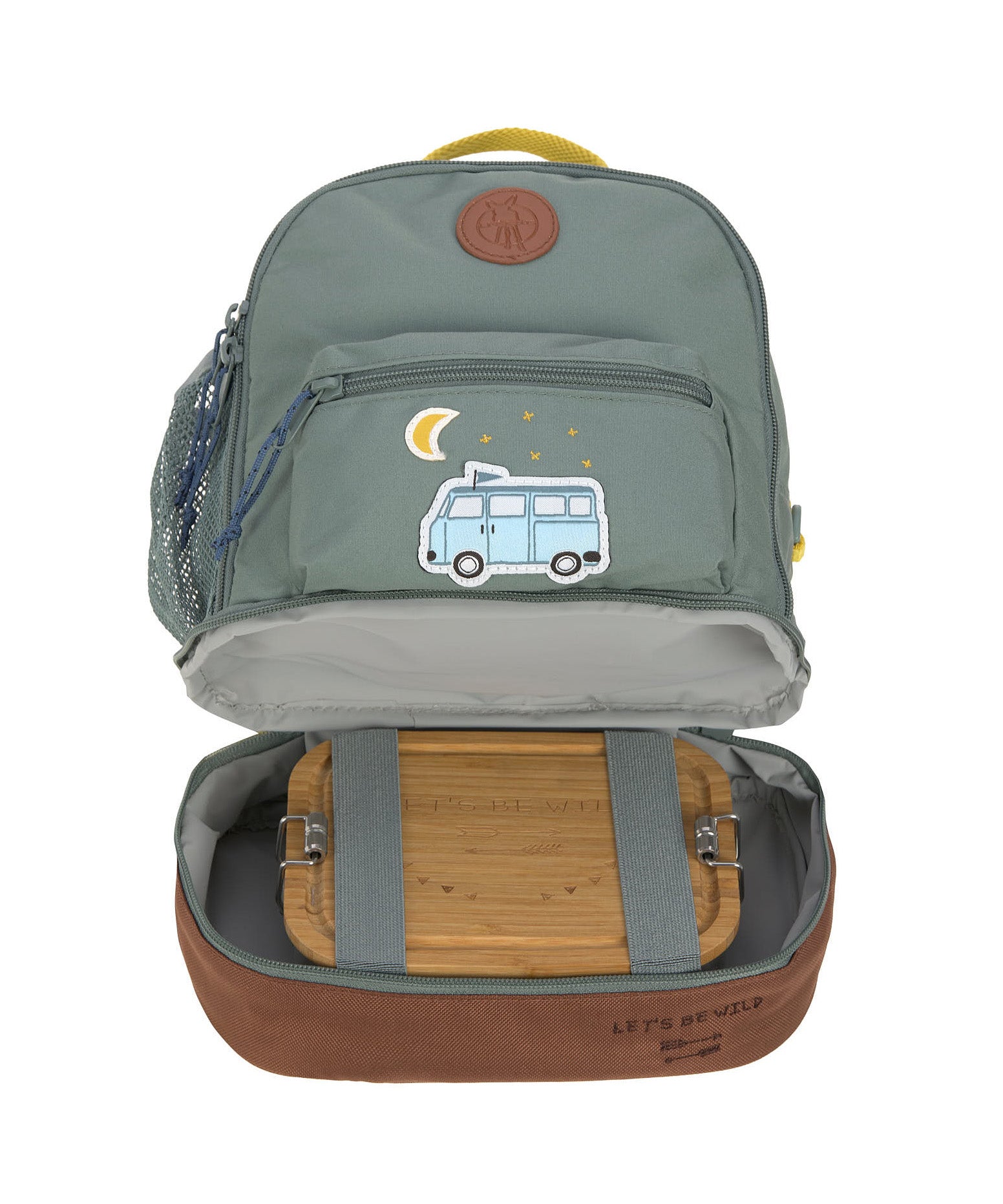 The Lassig kids mini adventure backpack in green, with the bottom compartment open revealing lunchbox storage space.