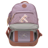 The Lassig mini backpack in lilac with a dragonfly on the front, with the bottom zip opened so you can see the opened bottom compartment, which is storing a lunch box.