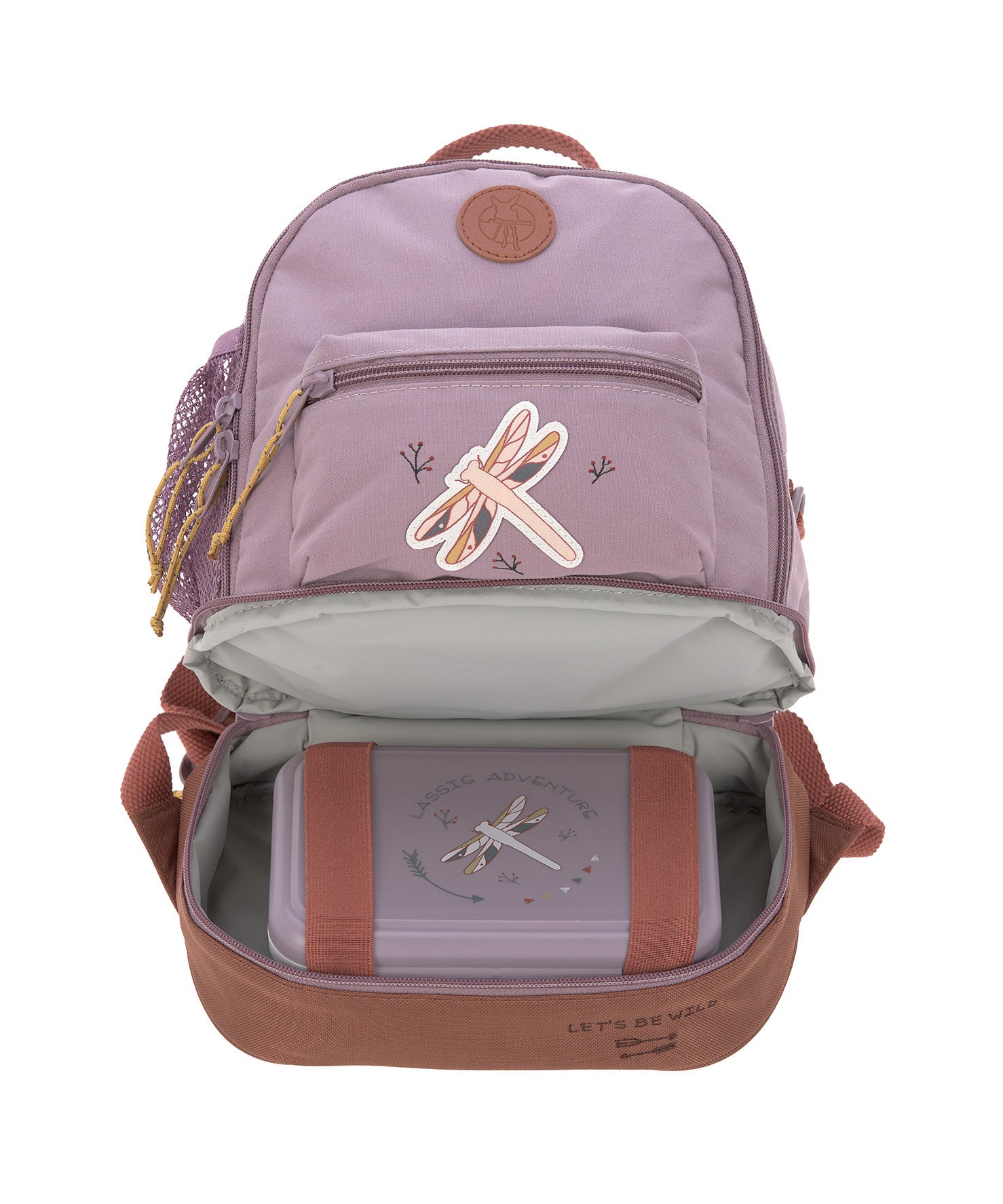 The Lassig mini backpack in lilac with a dragonfly on the front, with the bottom zip opened so you can see the opened bottom compartment, which is storing a lunch box.