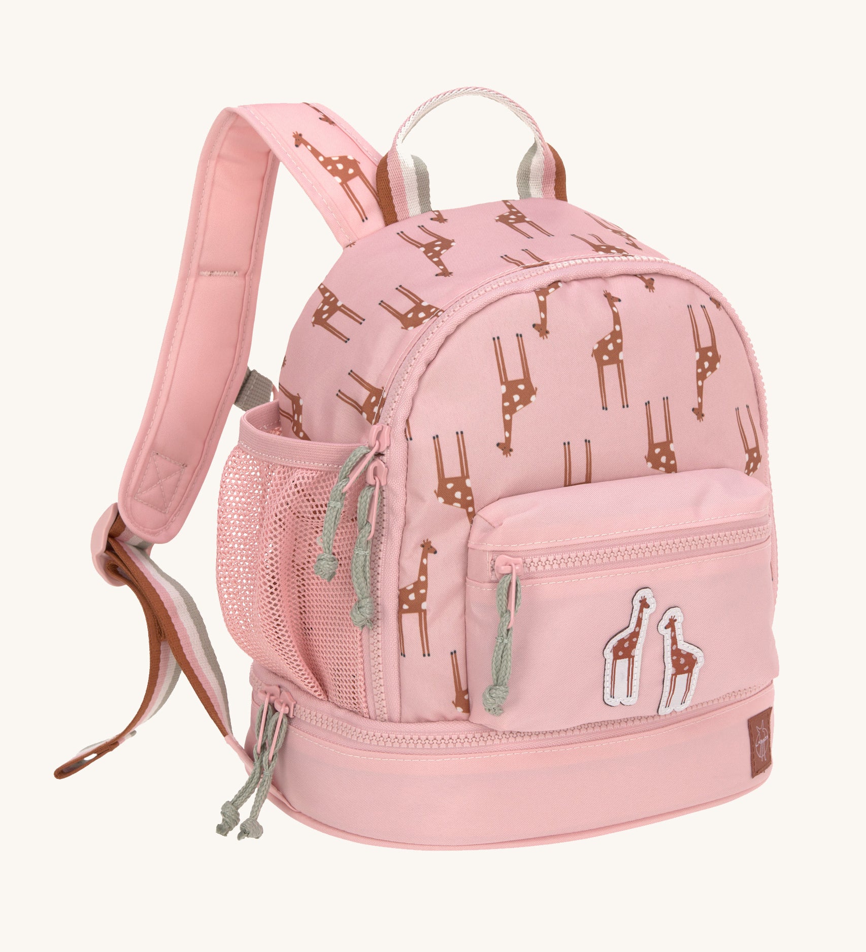 A Lassig mini backpack for kids in light pink, with giraffes printed all over.