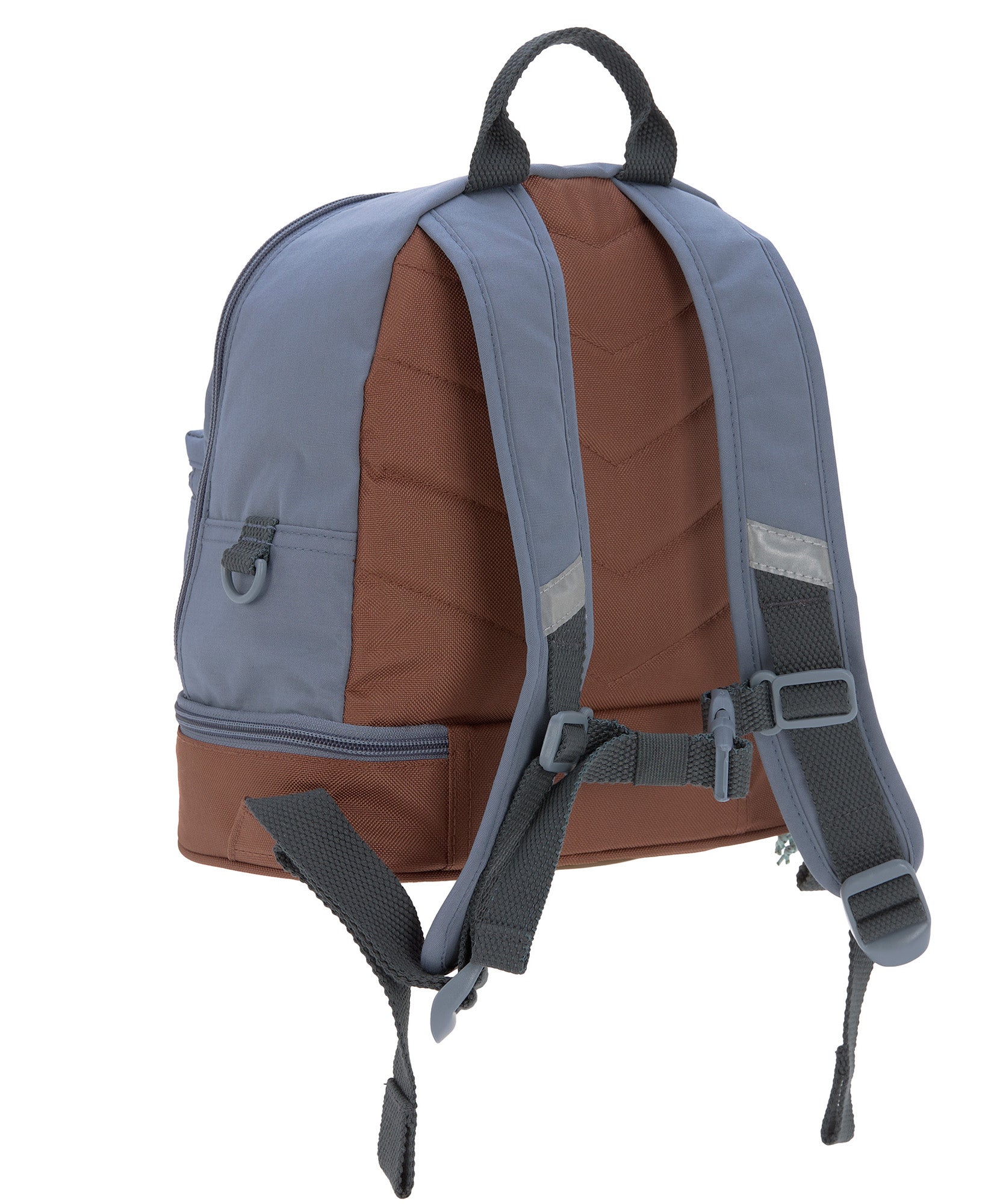 A back view of the Lassig mini backpack, showing the reflective, adjustable shoulder straps.