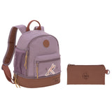 The Lassig kids mini backpack in lilac, with a brown pencil case.