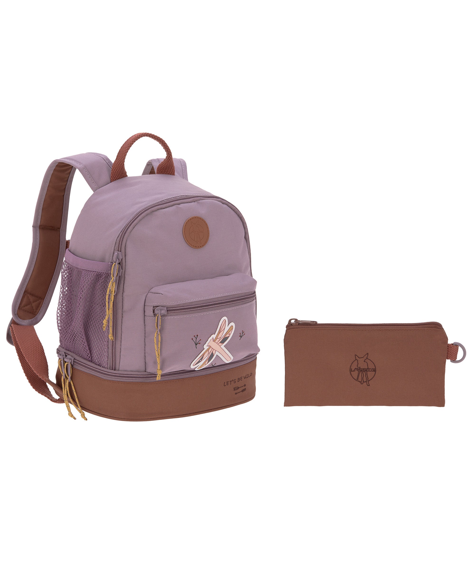 The Lassig kids mini backpack in lilac, with a brown pencil case.