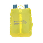 he Lassig kids mini outdoor backpack in Adventure Blue, with a waterproof neon green cover on top.