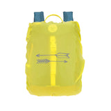 he Lassig kids mini outdoor backpack in Adventure Blue, with a waterproof neon green cover on top.