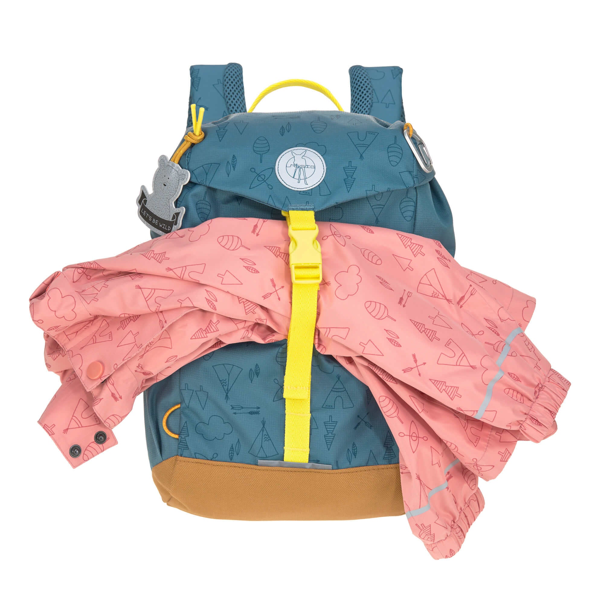 The Lassig kids mini outdoor backpack in Adventure Blue, with a coat secured under the front strap.