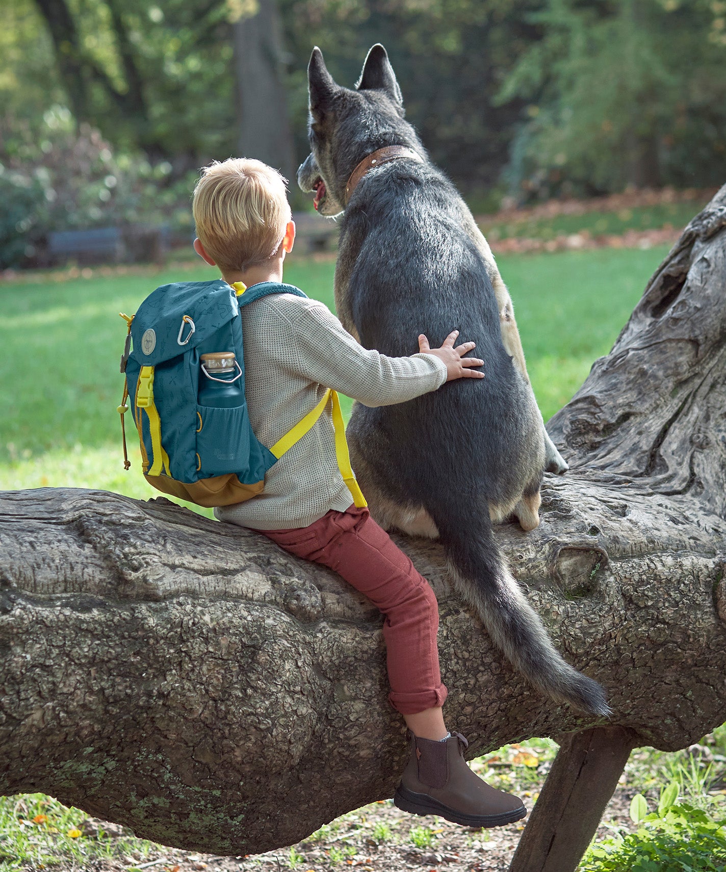 A little boy sitting on a tree branch with a big dog, wearing the Lassig kids mini outdoor backpack in Adventure Blue.