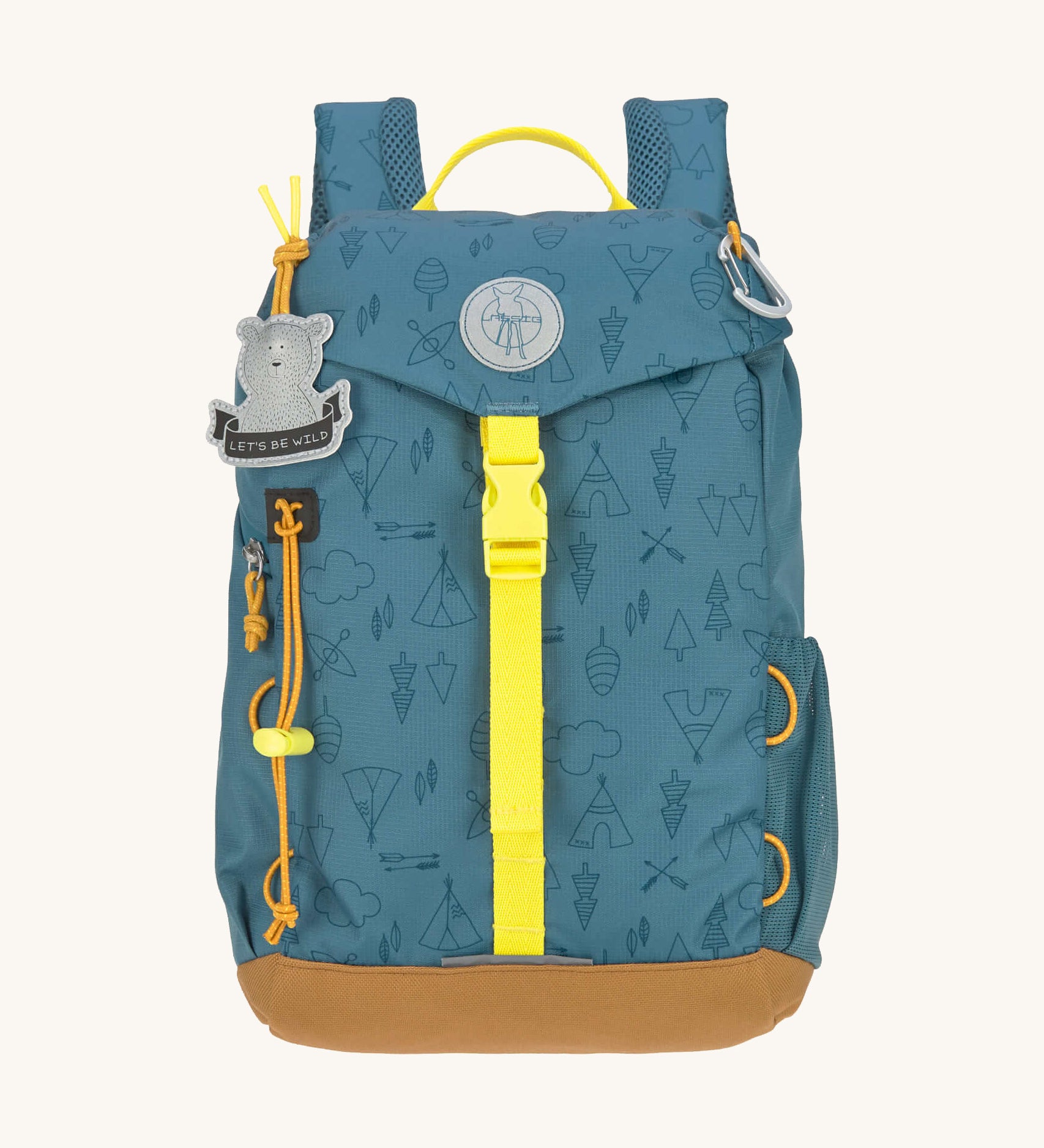 The Lassig kids mini outdoor backpack in Adventure Blue, with a print featuring tents, trees, and clouds, and a neon green front strap.