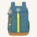 The Lassig kids mini outdoor backpack in Adventure Blue, with a print featuring tents, trees, and clouds, and a neon green front strap.