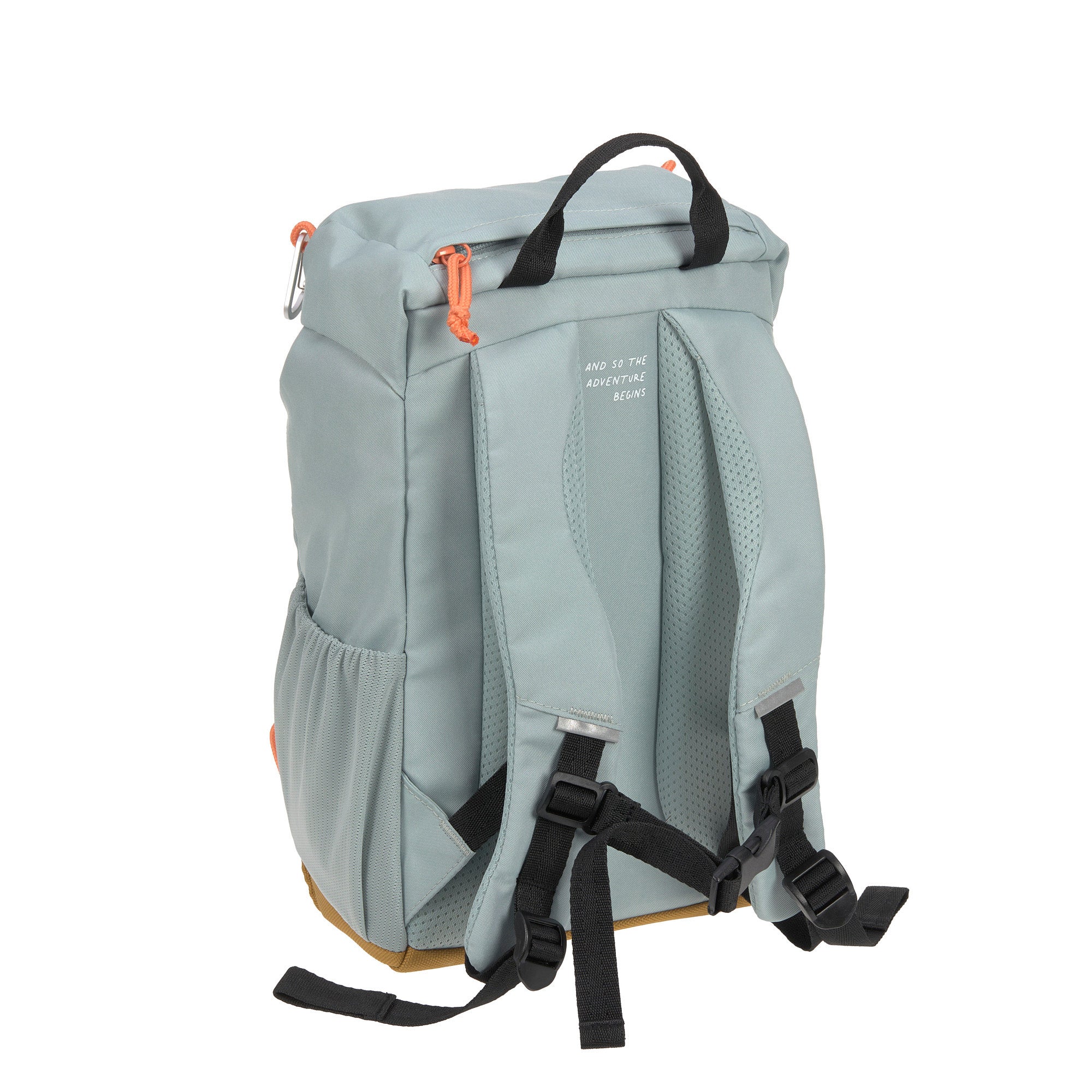 The back of the Lassig kids mini outdoor backpack in blue.