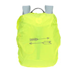 The Lassig kids mini outdoor backpack in blue, with its protective neon green waterproof cover on top.