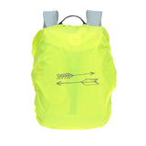 The Lassig kids mini outdoor backpack in blue, with its protective neon green waterproof cover on top.