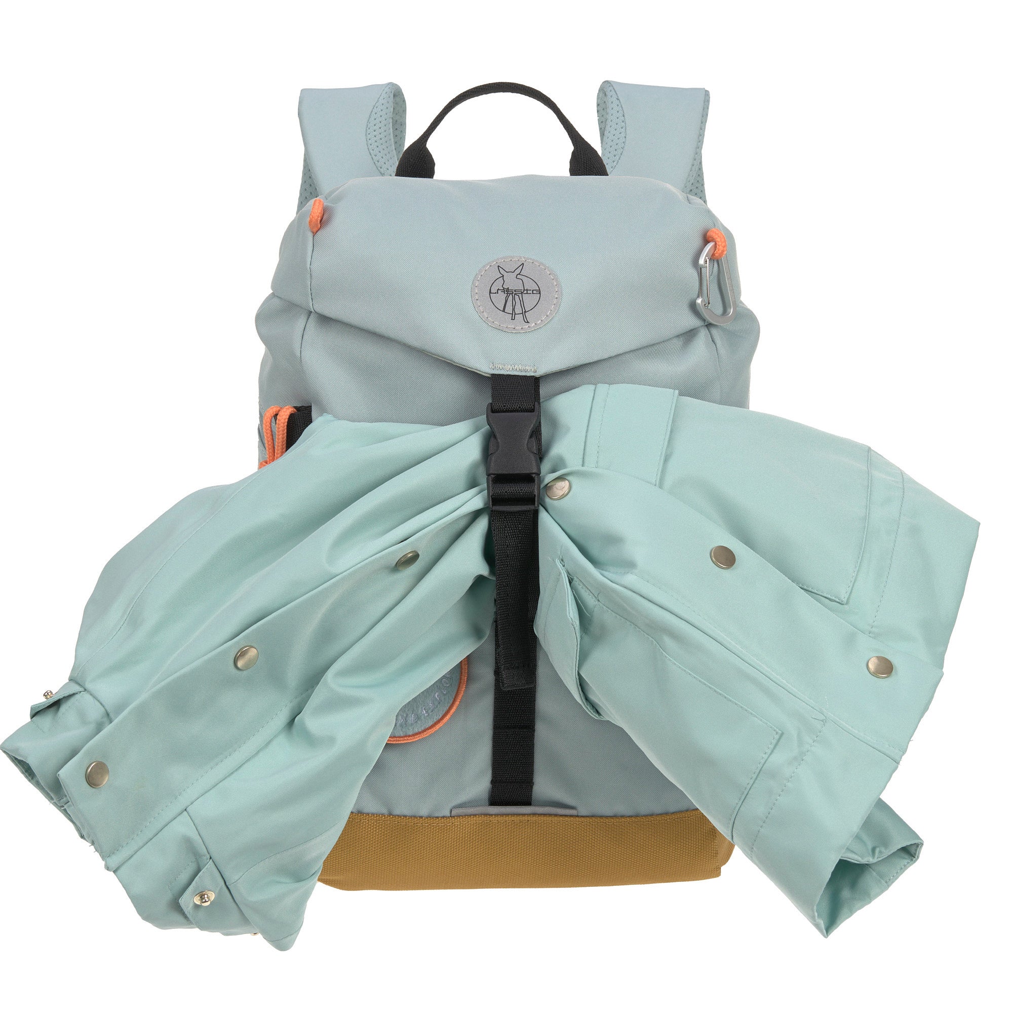 The Lassig kids mini outdoor backpack in blue, with a coat secured under the front strap.