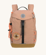 The Lassig kids mini outdoor backpack in a hazelnut light brown colour, with black adjustable straps and removable, customisable patches.