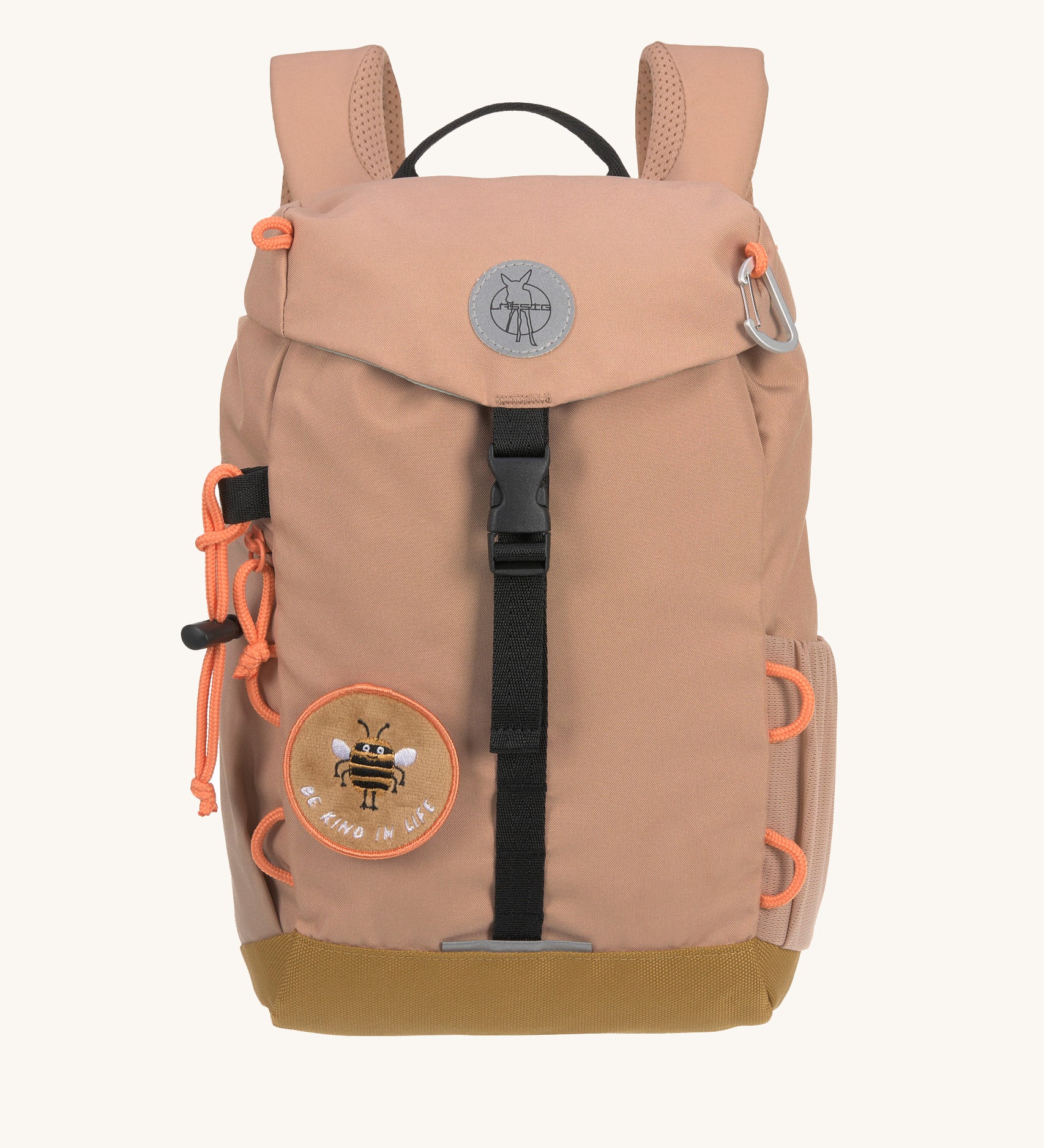 The Lassig kids mini outdoor backpack in a hazelnut light brown colour, with black adjustable straps and removable, customisable patches.