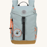 The Lassig kids waterproof backpack in light blue, with customisable, removable patch accessories.