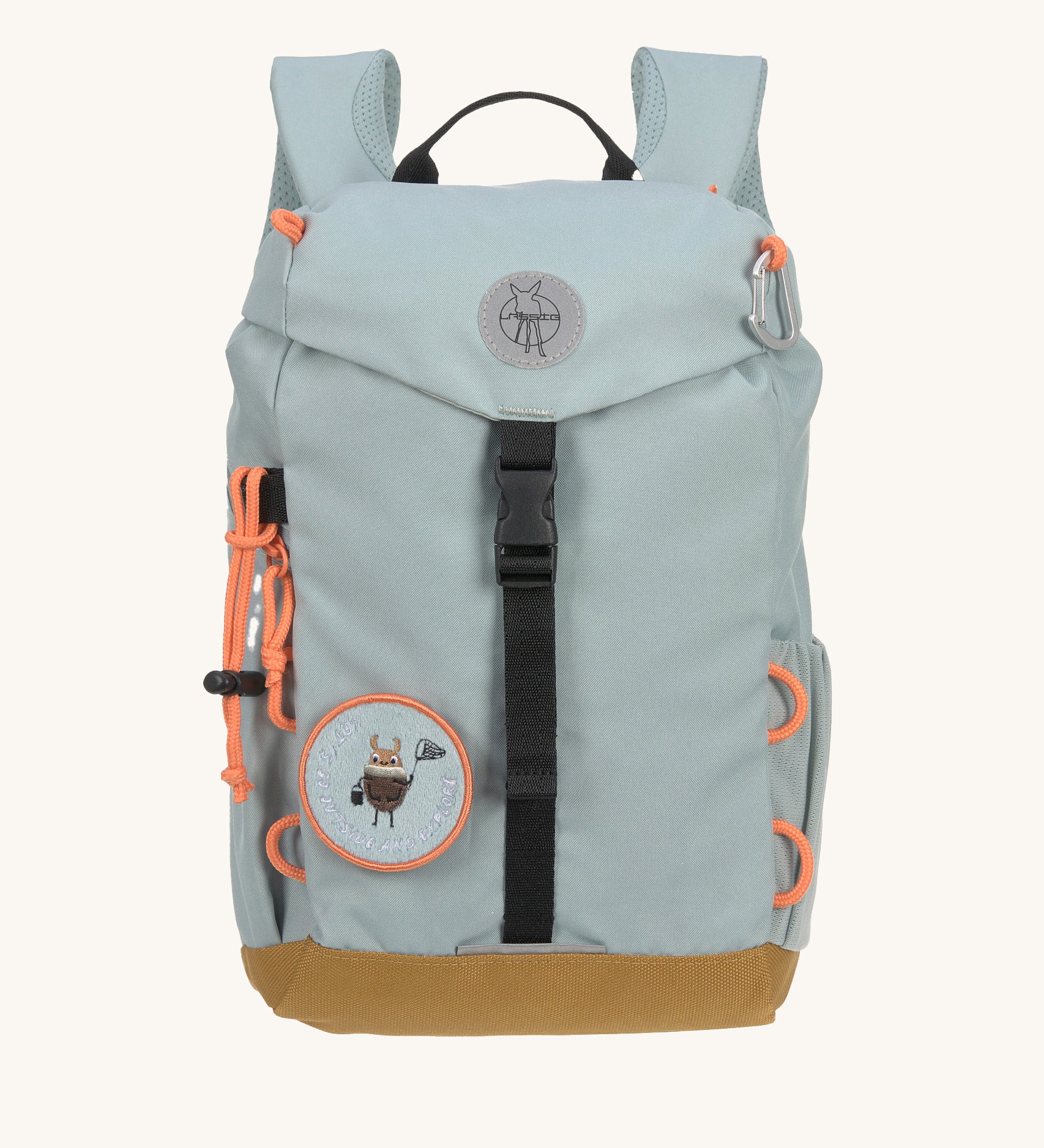 The Lassig kids waterproof backpack in light blue, with customisable, removable patch accessories.