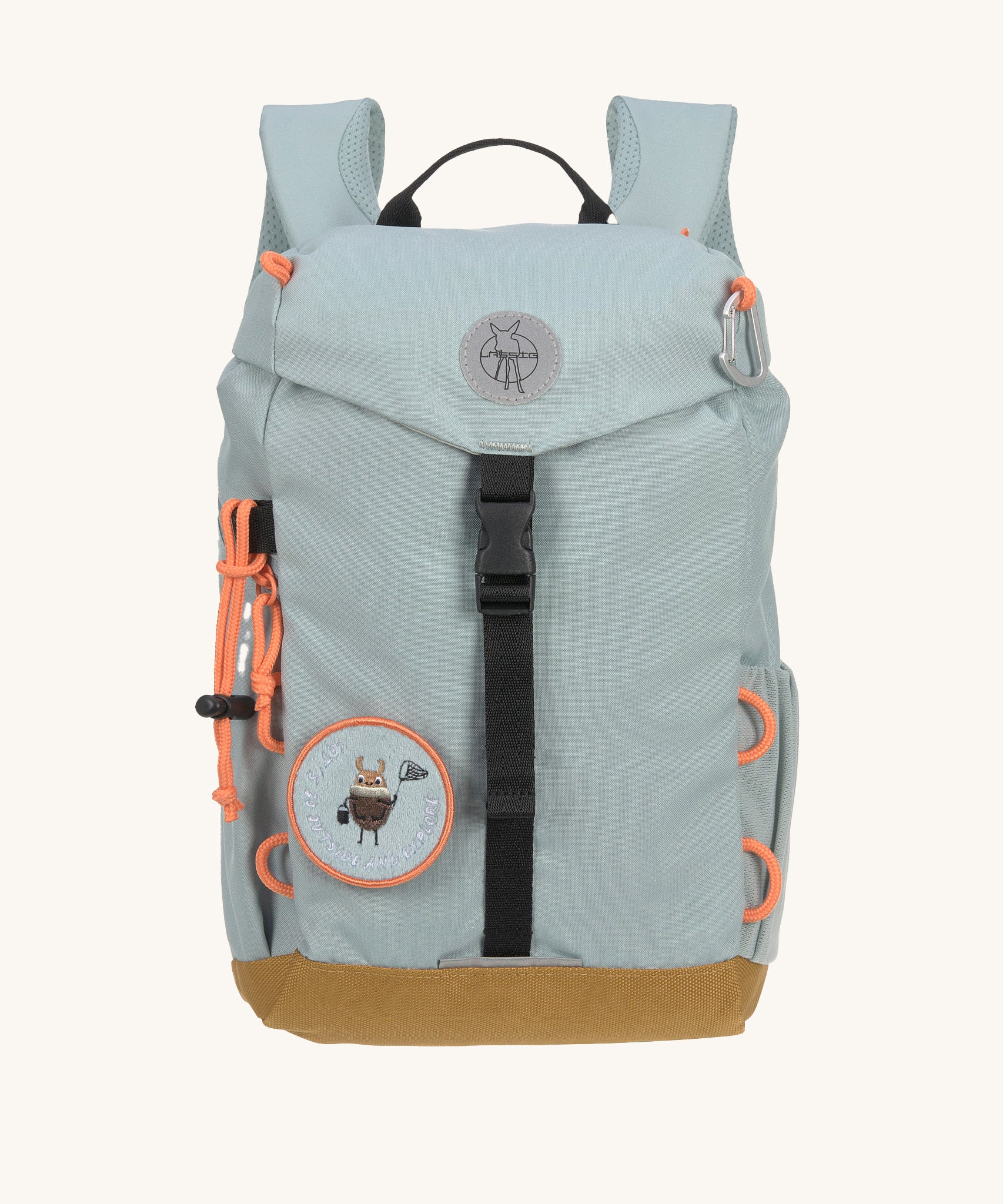 The Lassig kids waterproof backpack in light blue, with customisable, removable patch accessories.