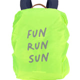 The Lassig kids mini outdoor backpack, with a neon green waterproof cover with the words 'Fun Run Sun' printed on.