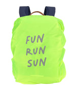 The Lassig kids mini outdoor backpack, with a neon green waterproof cover with the words 'Fun Run Sun' printed on.