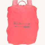 A bright neon pink rain cover for the Lassig kids mini adventure backpack in rose with playful arrow graphics
