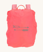 A bright neon pink rain cover for the Lassig kids mini adventure backpack in rose with playful arrow graphics