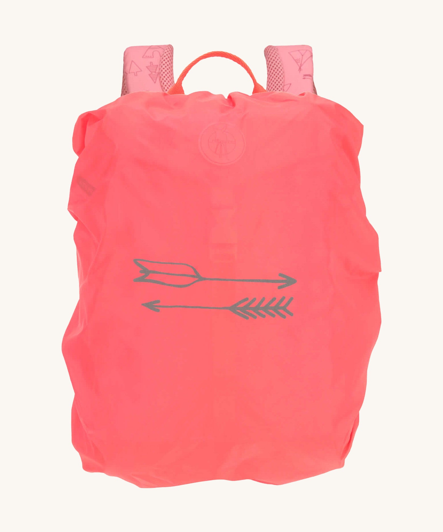 A bright neon pink rain cover for the Lassig kids mini adventure backpack in rose with playful arrow graphics