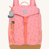 Lassig kids mini adventure backpack in rose available at Babipur. Features a buckle fastener, padded shoulder pads and a cute playful teddy bear tag  on the front with playful woodland camping inspired graphics on the front panel