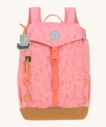 Lassig kids mini adventure backpack in rose available at Babipur. Features a buckle fastener, padded shoulder pads and a cute playful teddy bear tag  on the front with playful woodland camping inspired graphics on the front panel