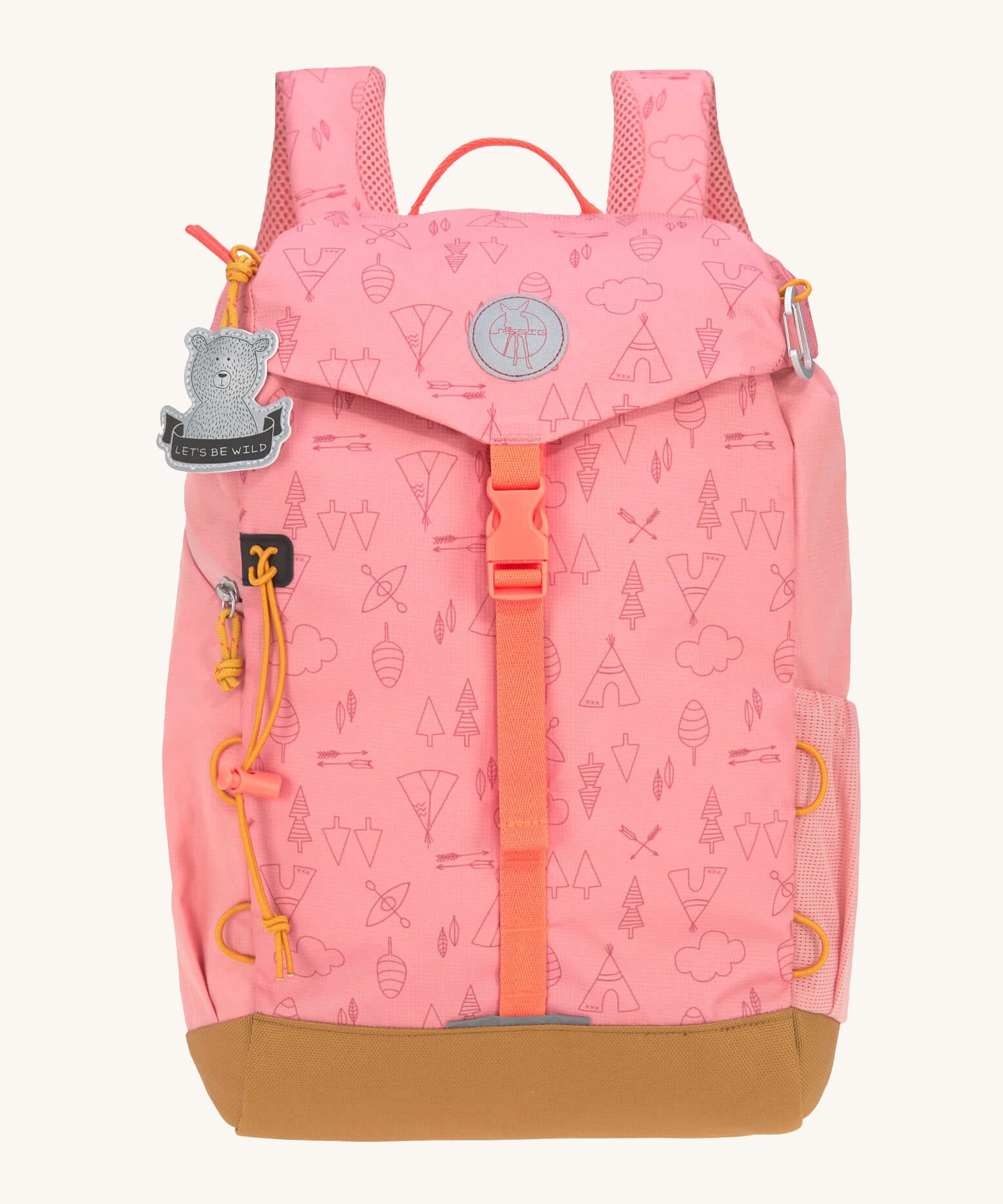 Lassig kids mini adventure backpack in rose available at Babipur. Features a buckle fastener, padded shoulder pads and a cute playful teddy bear tag  on the front with playful woodland camping inspired graphics on the front panel
