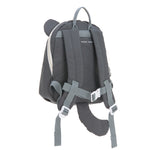 The back of the Lassig tiny kids backpack in grey raccoon. with 3D ears and tail.