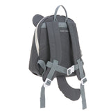 The back of the Lassig tiny kids backpack in grey raccoon. with 3D ears and tail.