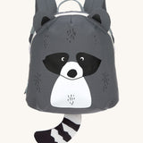 The Lassig tiny kids backpack in grey, with a racoon face printed on and 3D ears and tail