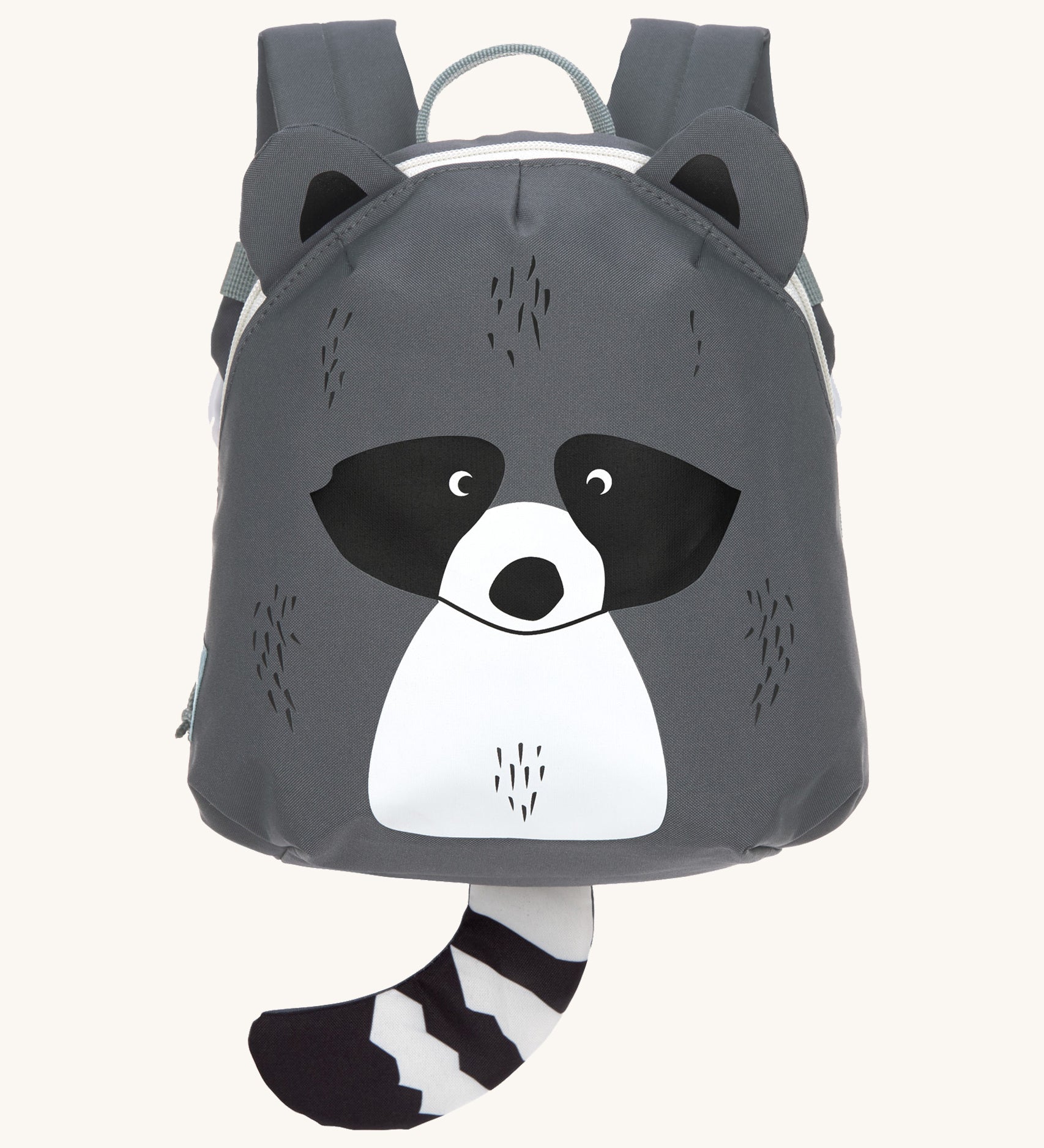 The Lassig tiny kids backpack in grey, with a racoon face printed on and 3D ears and tail