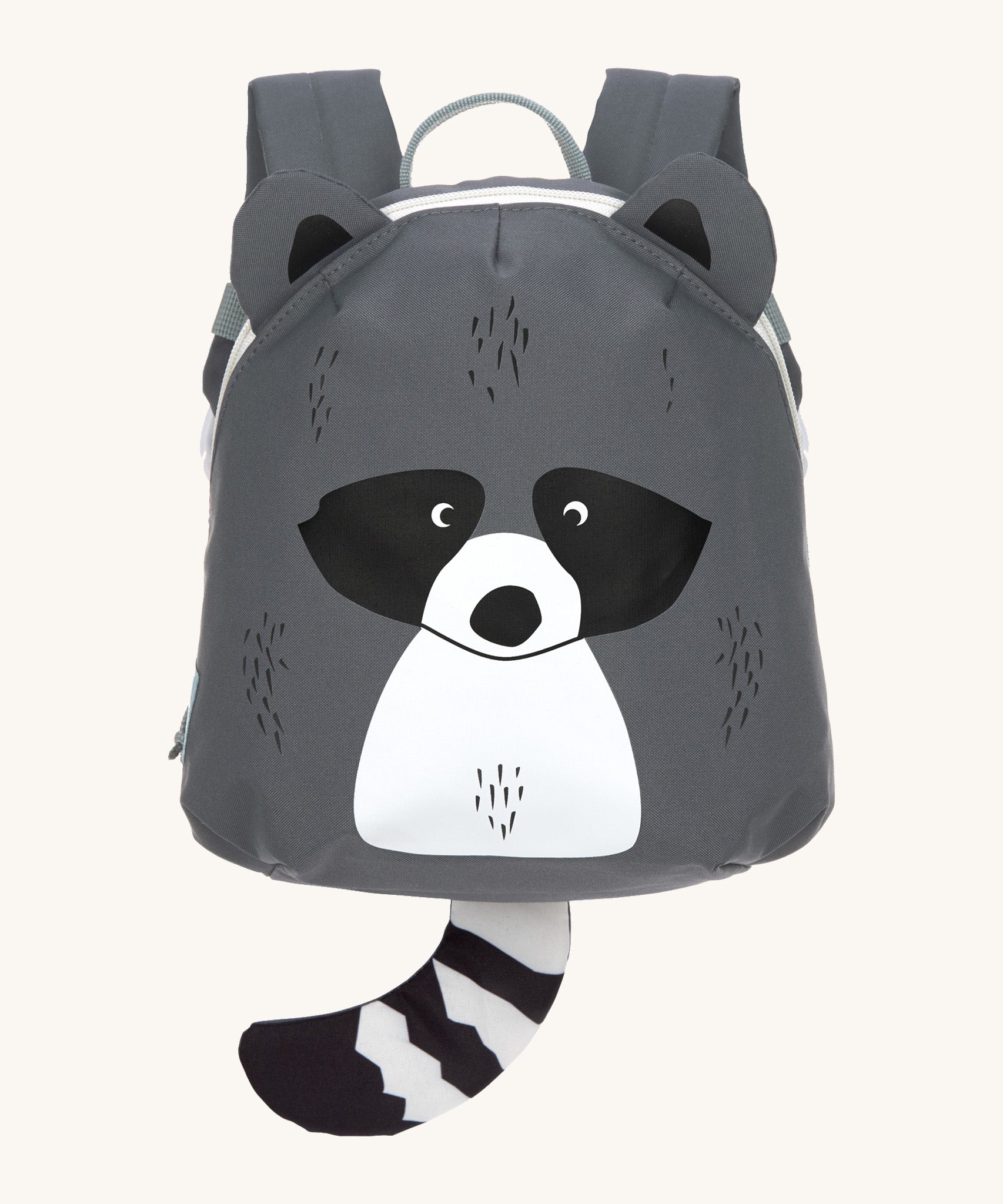 The Lassig tiny kids backpack in grey, with a racoon face printed on and 3D ears and tail