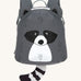 The Lassig tiny kids backpack in grey, with a racoon face printed on and 3D ears and tail