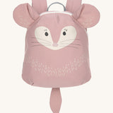 The Lassig kids tiny backpack in a light pink colour, with a cute chinchilla face printed on, and 3D ears and tail