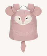 The Lassig kids tiny backpack in a light pink colour, with a cute chinchilla face printed on, and 3D ears and tail