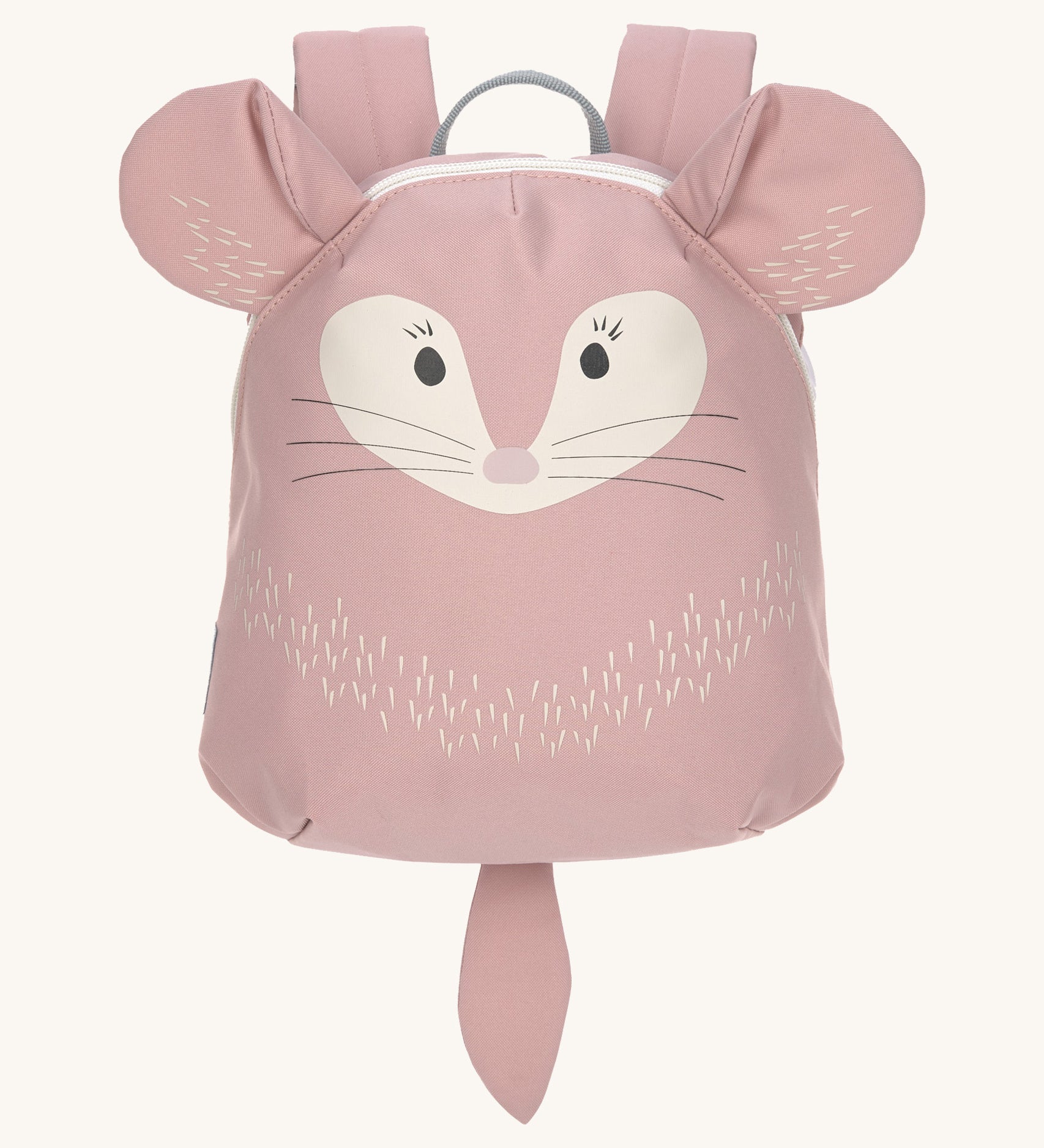 The Lassig kids tiny backpack in a light pink colour, with a cute chinchilla face printed on, and 3D ears and tail