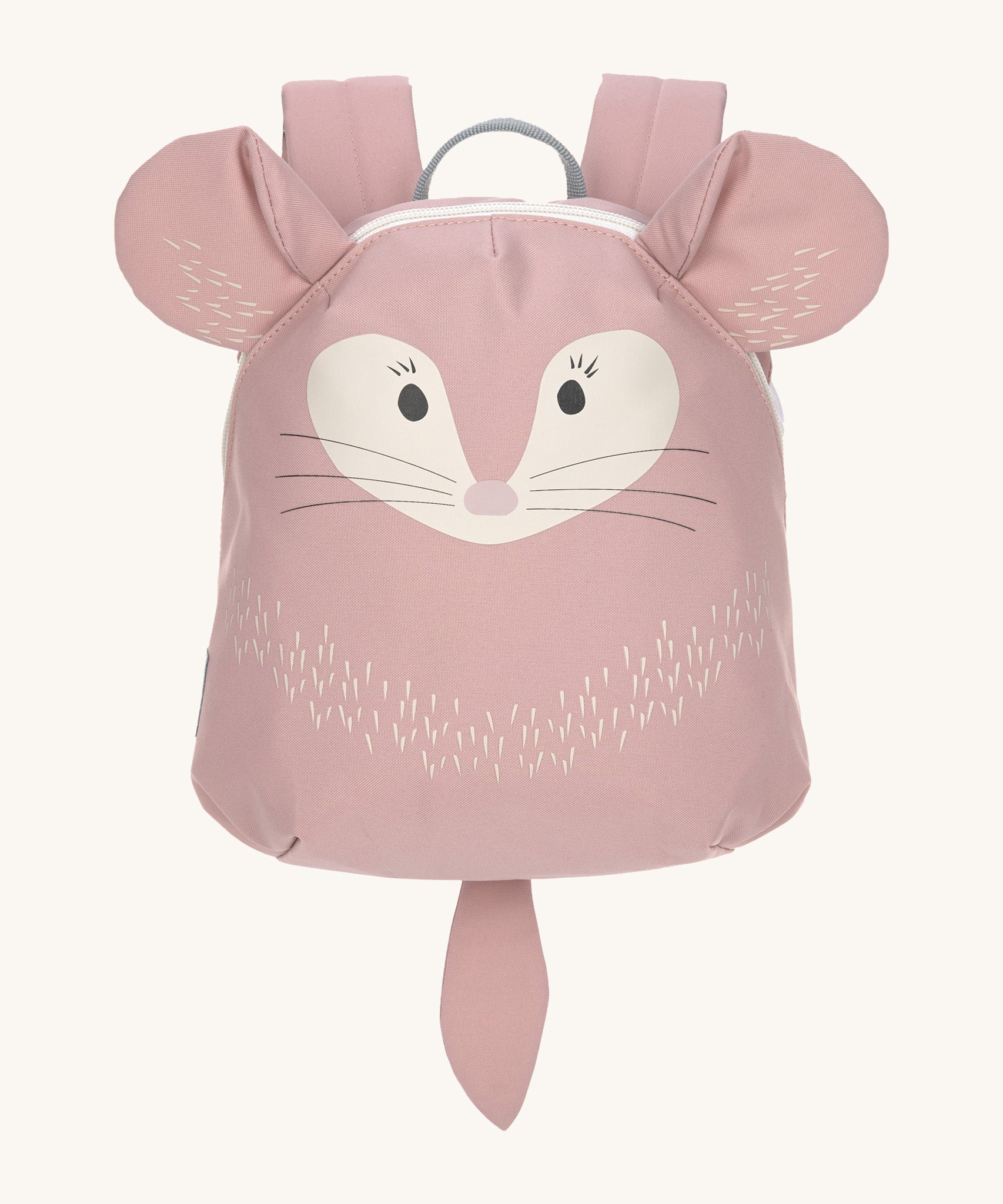 The Lassig kids tiny backpack in a light pink colour, with a cute chinchilla face printed on, and 3D ears and tail