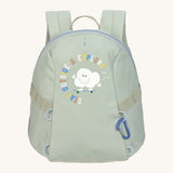 The Lassig tiny kids backpack in a pale blue-green, with a little roller skating cloud cartoon on the front