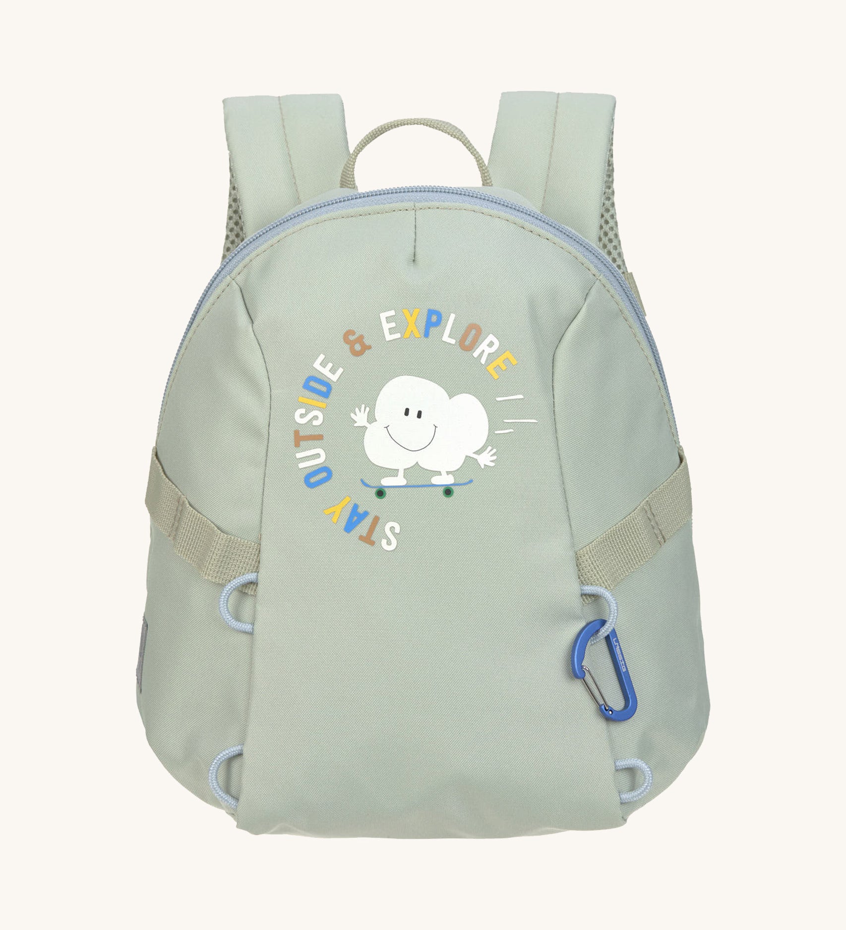 The Lassig tiny kids backpack in a pale blue-green, with a little roller skating cloud cartoon on the front