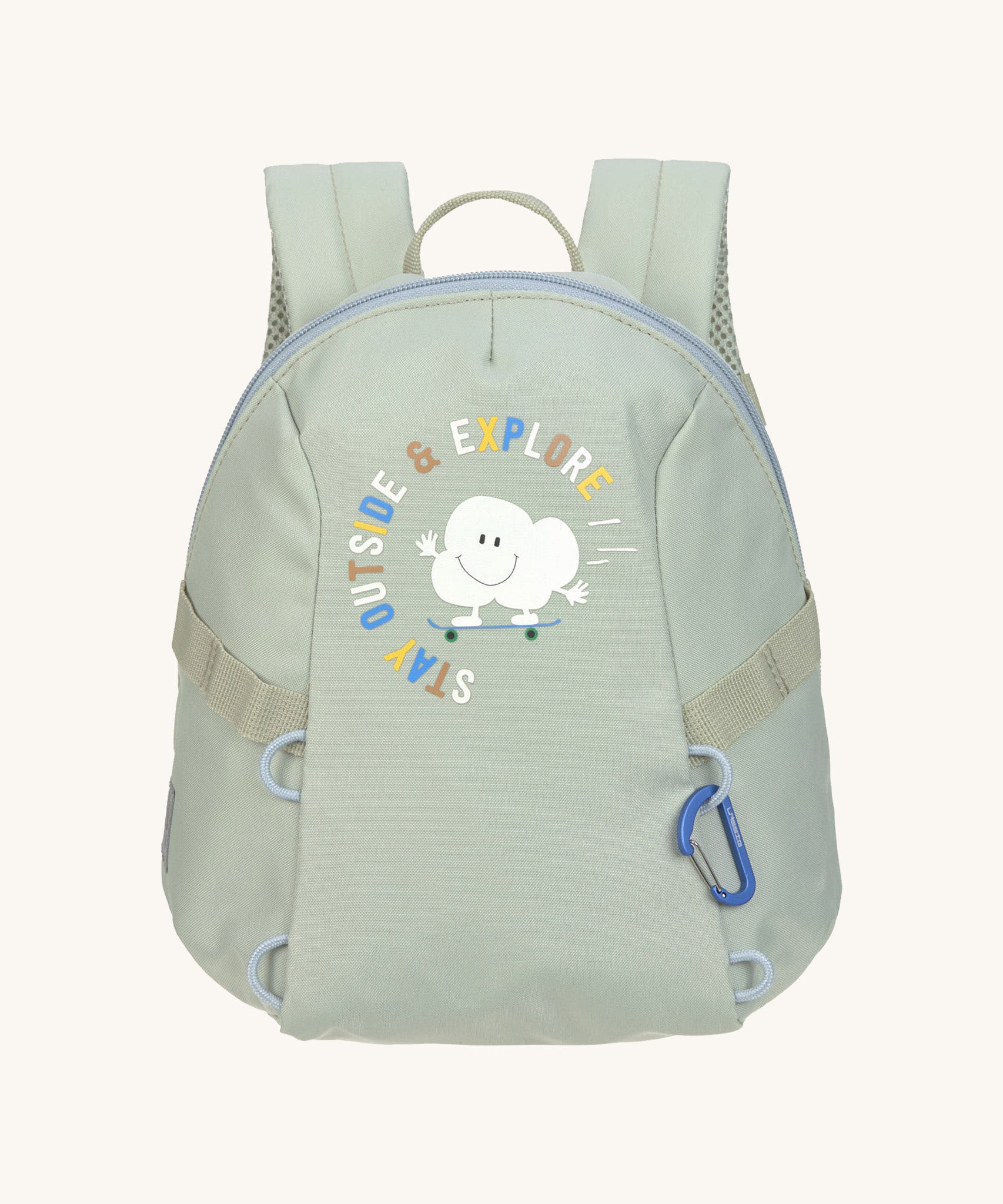 The Lassig tiny kids backpack in a pale blue-green, with a little roller skating cloud cartoon on the front
