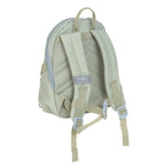 The back of the Lassig tiny kids backpack in a pale blue-green, with reflective strips on the shoulder straps for safety.