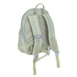The back of the Lassig tiny kids backpack in a pale blue-green, with reflective strips on the shoulder straps for safety.