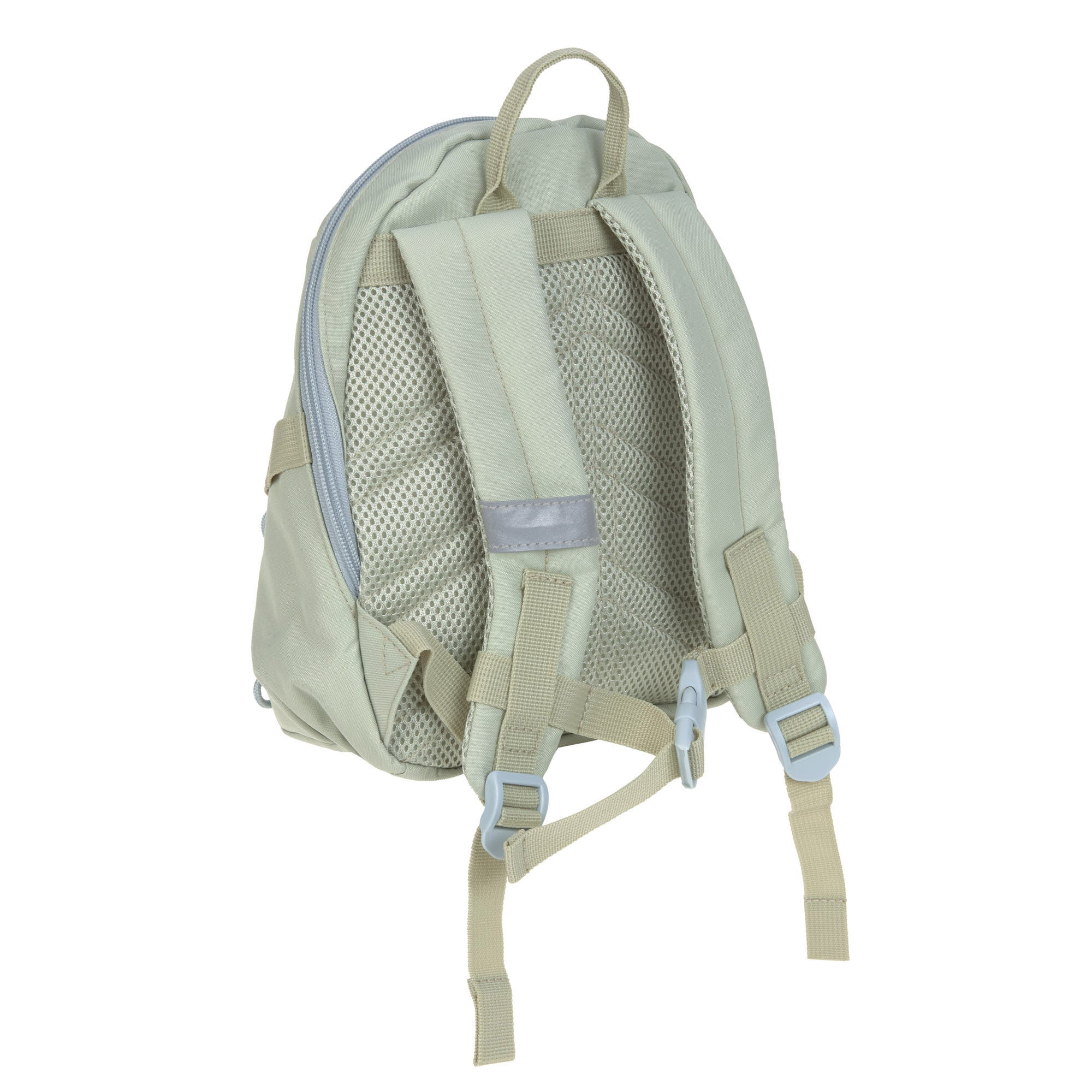 The back of the Lassig tiny kids backpack in a pale blue-green, with reflective strips on the shoulder straps for safety.