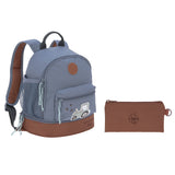 The Lassig kids mini backpack in blue, with a brown pencil case.