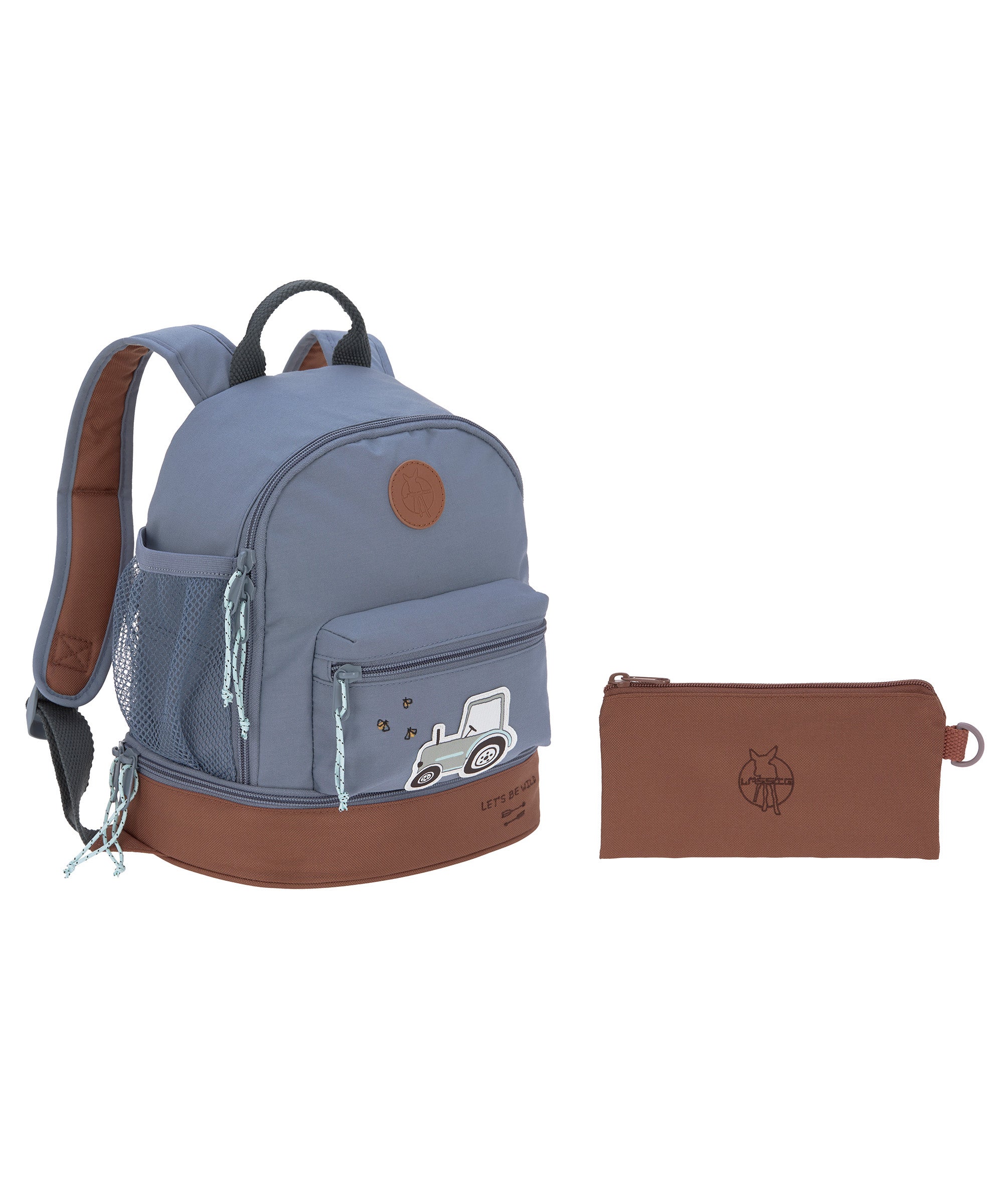 The Lassig kids mini backpack in blue, with a brown pencil case.
