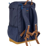 The back view of the Lassig kids mini outdoor backpack in navy, with adjustable brown straps.